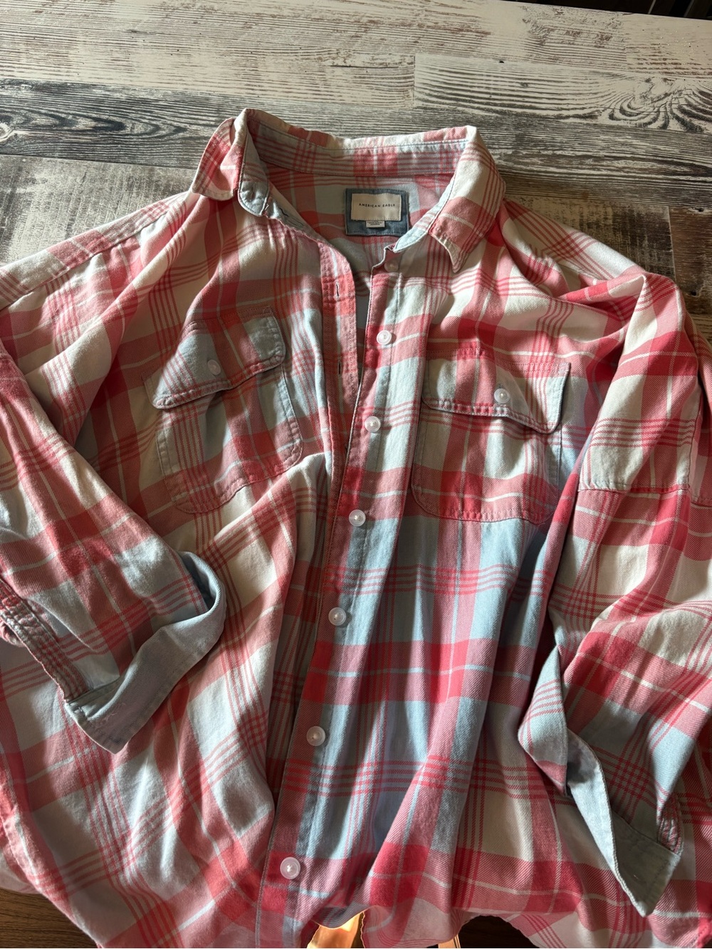 American Eagle Outfitters Coral Pink and White Plaid Button-Down Shirt